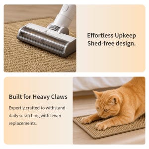 May include: A rectangular tan sisal scratching mat with a brown fabric border. The text reads Effortless Upkeep Shed-free design and Built for Heavy Claws. Expertly crafted to withstand daily scratching with fewer replacements.