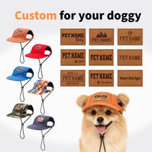 Puede incluir: Una colección de gorras de béisbol para mascotas en naranja, rojo, azul, rayas multicolores, camuflaje y mezclilla, cada una con correa ajustable y parche de cuero. Incluye nueve diseños de etiquetas rectangulares con texto personalizable.