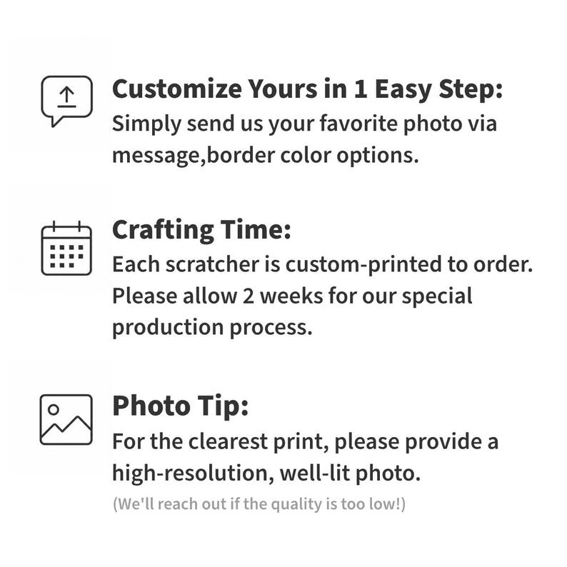 May include: An informational graphic with three sections. The first section, Customize Yours in 1 Easy Step, instructs to send a photo and border color. The second, Crafting Time, notes custom printing. The third, Photo Tip, advises using high-resolution photos.