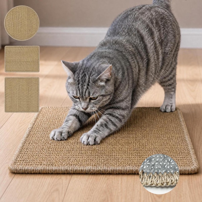 May include: A rectangular tan sisal scratching mat with a woven texture and bound edges. A gray tabby cat is stretching its front paws on the mat. Insets show a circular, rectangular, and square mat, plus a close-up of the gray non-slip backing.