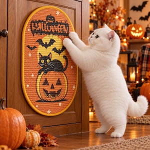 May include: An oval-shaped orange Halloween wall hanging featuring a black cat sitting on a jack-o'-lantern, with bats and the text "HALLOWEEN" printed at the top. The design includes a yellow moon background and small white star accents.