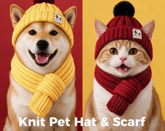Conjunto de gorro e cachecol de inverno para cães, gorro de tricô para animais de estimação, gorro quentinho para filhotes, acessórios para cães pequenos, roupa combinando para cães, presente de Natal para animais de estimação
