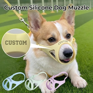 May include: A light yellow silicone dog muzzle with the word CUSTOM printed on the front, worn by a corgi. Additional muzzles in light blue, light green, and light pink are shown at the bottom, each featuring custom text like GOOD DOG.