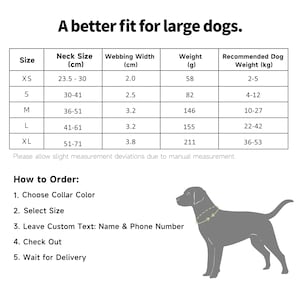 K&ouml;nnte beinhalten: Eine Tabelle mit Informationen zu Hundehalsbandgr&ouml;&szlig;en, einschlie&szlig;lich Halsumfang in cm, Gurtbandbreite, Gewicht in Gramm und empfohlenem Hundegewicht in kg. Der Text lautet "A better fit for large dogs". Anweisungen zur Bestellung sind ebenfalls enthalten.