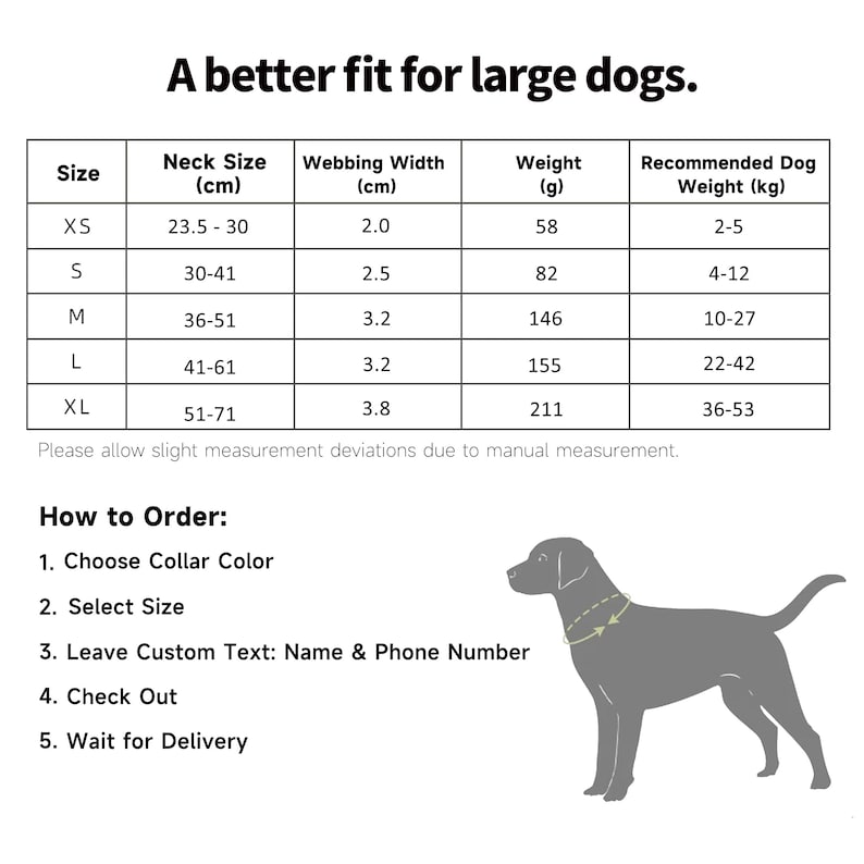 K&ouml;nnte beinhalten: Eine Tabelle mit Informationen zu Hundehalsbandgr&ouml;&szlig;en, einschlie&szlig;lich Halsumfang in cm, Gurtbandbreite, Gewicht in Gramm und empfohlenem Hundegewicht in kg. Der Text lautet "A better fit for large dogs". Anweisungen zur Bestellung sind ebenfalls enthalten.