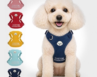 Personalisiertes Wildleder-Hundegeschirr, individuell bestickte Hundeweste, verstellbares Welpengeschirr, Anti-Zug-Geschirr, weiches Haustiergeschirr