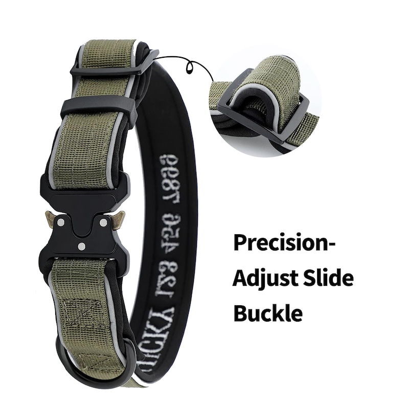 K&ouml;nnte beinhalten: Ein olivgr&uuml;nes Hundehalsband mit einer schwarzen Metallschnalle und einem reflektierenden Streifen. Auf dem Halsband steht der Text "LUCKY I SEE YOU". Das Bild zeigt auch eine Nahaufnahme der Schnalle und den Text "Precision-Adjust Slide Buckle".
