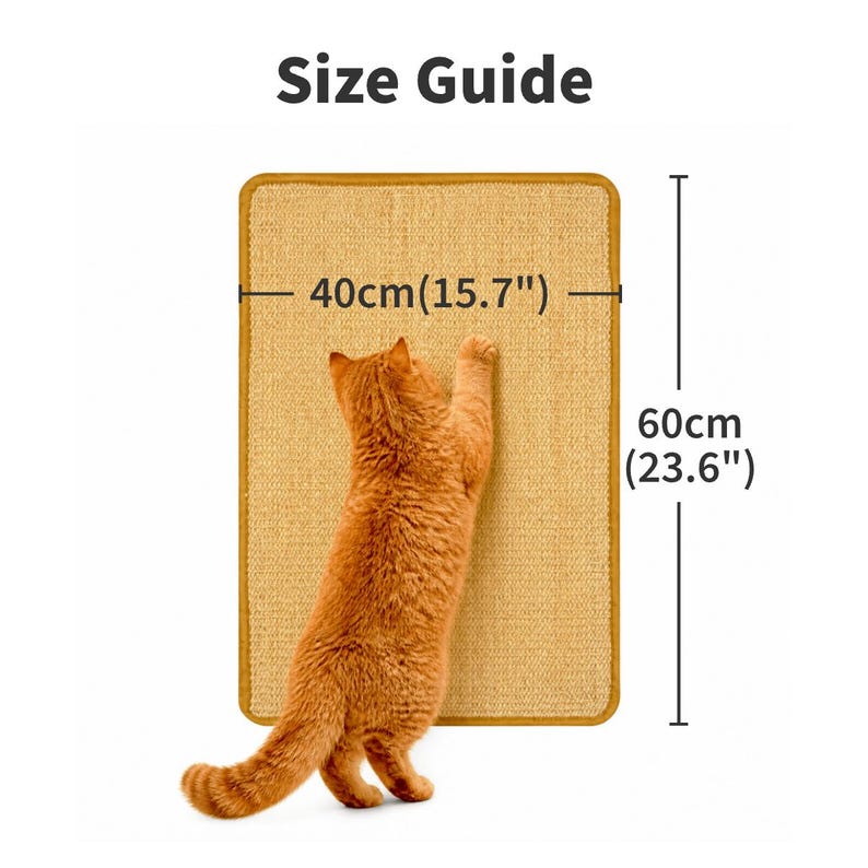 May include: A rectangular tan sisal scratching mat with a yellow border, featuring an orange cat scratching the surface. The text Size Guide is at the top. Dimension lines indicate a width of 15.7 inches and a height of 23.6 inches.