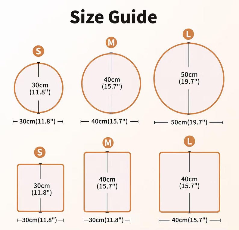 May include: A size guide chart featuring circular and rectangular shapes labeled S, M, and L. The circular shapes have diameters of 30cm (11.8"), 40cm (15.7"), and 50cm (19.7"). The rectangular shapes show dimensions of 30x30cm, 40x30cm, and 40x40cm.