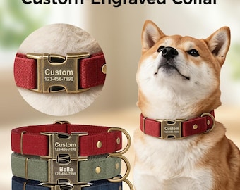 Könnte beinhalten: Ein Set aus roten, olivgrünen und marineblauen Hunde-Halsbändern aus Stoff mit antiken messingfarbenen Metallschnallen. Jede Schnalle ist mit einem Namen und einer Telefonnummer graviert. Ein Shiba Inu trägt das rote Halsband, Text Custom-Engraved Collar.