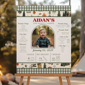 Może przedstawiać: Spersonalizowany znak o tematyce kempingowej ze zdjęciem dziecka o imieniu Aidan. Znak zawiera tekst "AIDAN'S ONE HAPPY CAMPER" oraz szczegóły, takie jak ulubione rzeczy, kamienie milowe i wymiary: 61 cm wzrostu i 10 kg.