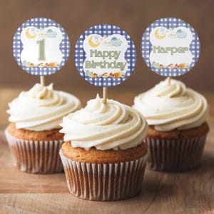 May include: Three cupcakes with white frosting, each topped with a round blue and white gingham design. One topper has the number "1", another says "Happy Birthday", and the third says "Harper". The toppers feature a moon, stars, and clouds.