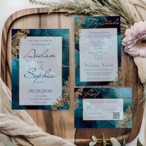 Könnte beinhalten: Hochzeitseinladungs-Set mit teal- und goldfarbenen Akzenten. Die Einladung enthält die Namen Aidan und Sophia, das Datum 28.09.2026 sowie Zeit und Ort. Das Set enthält auch Detail- und RSVP-Karten.
