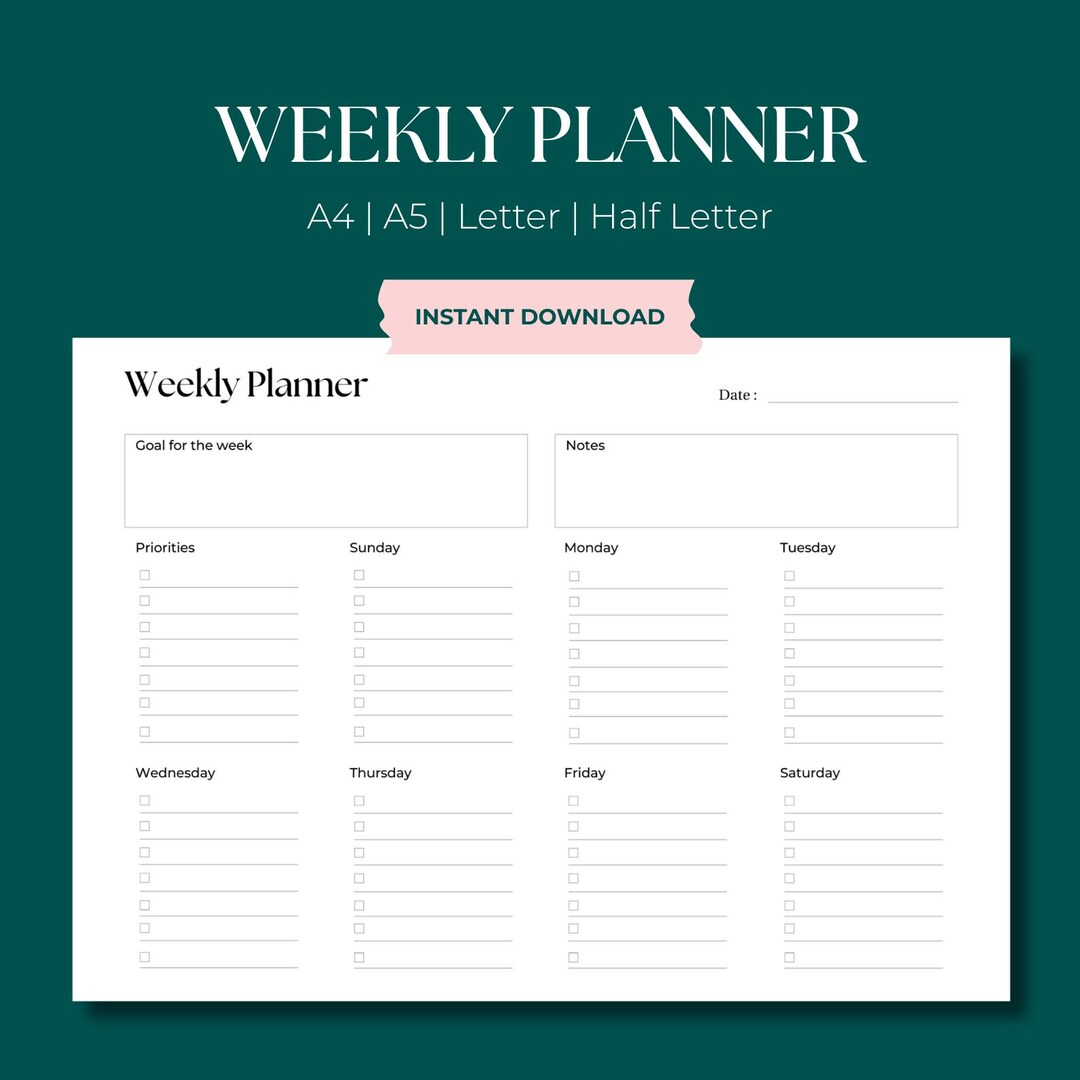 Minimalist Weekly Planner Printable: A4 A5 Letter Sizes (PDF Download ...