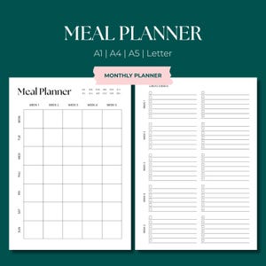 A1 Monthly Meal Planner: Printable 30-Day Menu, Grocery List (Digital PDF A1/A4/A5/Letter Sizes)