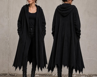 ゴシック魔女コスチューム レディース ロングフリースジャケット カーディガン アバンギャルドスタイル ブラック フード付きダスターマント フード付き コスプレジャケット 彼女へのギフト