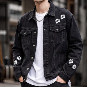 Overshirt jas heren zwart denim truckerjack denim shirt jas poten patch borduurwerk lente herfst mode hond kattenliefhebber cadeau voor hem