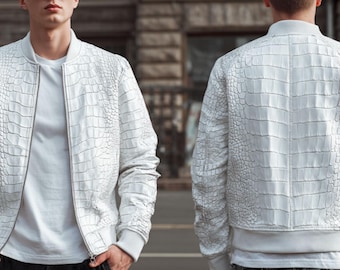White Bomber Jacket Mens Exotic Crocodile Embossed Leather Jacket Alligator Texture Zip-Up Handmade Gift for Him Luxury Formal Wear