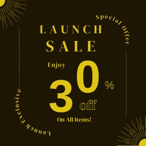 The image is a promotional graphic for a special launch sale. It features large yellow text that announces a 30% discount on all items, with the text "LAUNCH SALE Enjoy 30% Off" prominently displayed. The background of the image is black, and there are sunburst-like elements surrounding the text, adding a dynamic and eye-catching design to the promotional material.