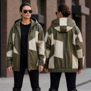 Women Oversized Bomber Jacket Leather Hoodie Patchwork Leather Jacket Green White Real Leather Hooded Bomber Winter Boho Streetwear Jacket