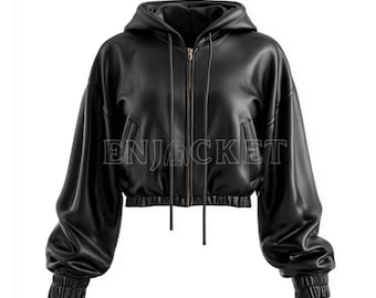 Leather Bomber Jacket Women's Cropped Casual Jacket for Her Black Genuine Sheepskin Leather Hooded Fashion Coat for Friend Birthday Gift