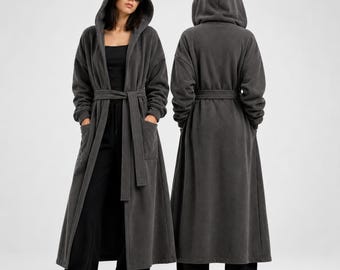 Belted Wrap Coat Womens Fleece Coat With Hoodie Grey Oversized Longline Jacket Winter Fall Loungewear Hooded Cardigan Gift For Her