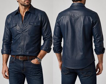 Mens Blue Leather Shirt Jacket Genuine Lambskin Leather Overshirt Western Snap Button Up Shirt Leather Trucker Jacket Handmade Gift For Her