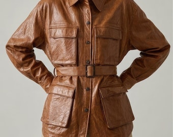 Jaqueta Safari Feminina Oversized em Couro Marrom, Estilo Cargo Vintage, em Couro Legítimo de Ovelha, Jaqueta Utilitária Casual, Presente Ideal para Ela