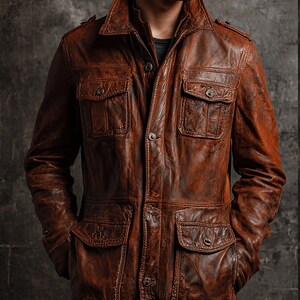 May include: A brown leather jacket with four front pockets and a button-up closure. The jacket has a collared neckline and a distressed finish, giving it a vintage look. The jacket is a medium brown color.