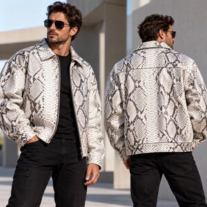Heren leren jas met slangenprint, wit, echt leer, pythonpatroon, oversized streetwear jas, exotische mode