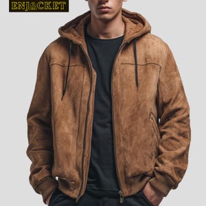Bomber Jacket Camel Brown Suede Jacket Classic Men’s Clothing Genuine Suede Leather Hooded Zip-Up Handmade Casual Fall Winter Coat XXS-6XL
