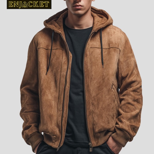 Hoodie Bomber Jacket Men's Brown Suede Jacket Genuine Suede Leather Zip-Up Hoodie Handmade Casual Fall Fashion Winter Coat Gift for Him
