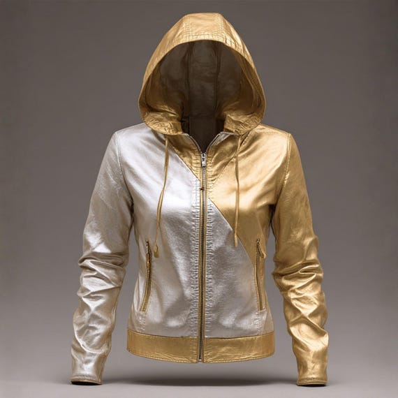 Metallic Gold And Silver Jacket Women's Real Leather Jacket With Hoodie Zip Up Hoodie Gold Zipper Streetwear Fashion Handmade Gift For Her