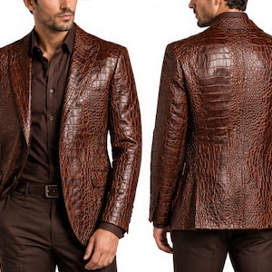 May include: A brown blazer featuring a textured crocodile skin pattern, notched lapels, and two front flap pockets. The garment is shown from both the front and back views, displaying a structured fit with long sleeves and buttoned cuffs.