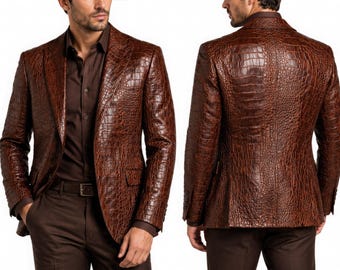 Crocodile Embossed Leather Blazer Men's Brown Blazer Jacket Alligator Texture Real Leather Jacket Formal Office Coat Gift For Him