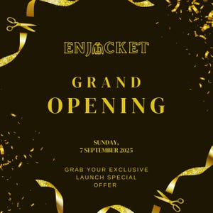 The image is a promotional poster for a grand opening event. It features a black background with gold confetti and a pair of scissors, along with the text "ENJACKET GRAND OPENING SUNDAY, 7 SEPTEMBER 2025" and "GRAP YOUR EXCLUSIVE LAUNCH SPECIAL OFFER".