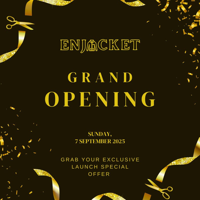 The image is a promotional poster for a grand opening event. It features a black background with gold confetti and a pair of scissors, along with the text "ENJACKET GRAND OPENING SUNDAY, 7 SEPTEMBER 2025" and "GRAP YOUR EXCLUSIVE LAUNCH SPECIAL OFFER".