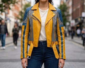 Jaqueta de couro legítimo retrô para motociclista, feminina, em três cores: amarelo, cinza e azul, com ombros acolchoados. Ideal para presentear no outono.