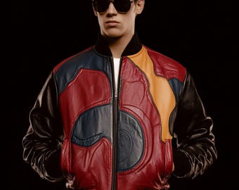 Retro Bomber Jacket Men's Vintage Leather Jacket Multi-Color Patchwork Coat Genuine Sheepskin Leather Men's Fashion Handmade Gift for Him