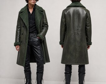 フェイクシアリングコート メンズ グリーン ロングレザーコート フェイクファーシェルパ裏地付き ダブルブレストオーバーコート 本革ウィンターコート ギフト