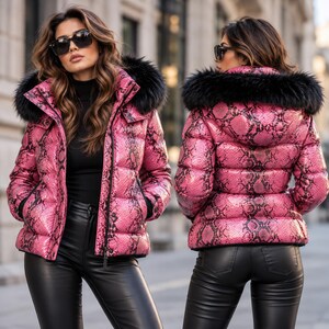 Women's Pink Snakeskin Leather Puffer Jacket with Fur Hood Python Print Padded Winter Jacket with Black Faux Fur Detachable Hood