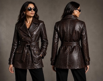 Luxury Croc Emboss Coat Brown Trench Coat Women's Leather Blazer Coat Real Leather Belted Short Coat Double Breasted Blazer Evening Fashion
