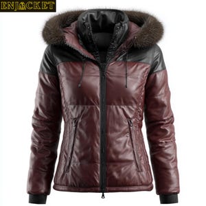Giacca imbottita da donna in pelle color marrone con cappuccio, finiture in pelliccia sintetica, cappotto invernale nero, regalo per nipote, giacca calda in vera pelle di pecora per lei