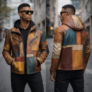 Veste en cuir vintage pour homme, veste motard, effet vieilli, patchwork multicolore, sweat à capuche zippé en cuir véritable, cadeau fait main