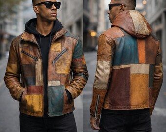 ジャケット・アウター VINTAGE WASHED LEATHER ZIP Vintage Leather Jacket Men's Leather Hoodie Biker Jacket