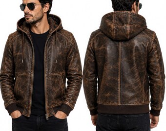 Burnished Leather Jacket Worn Vintage Distressed Jacket Men's Brown Leather Hoodie Bomber Jacket Zip Up Handmade Genuine Lamb Leather Gift