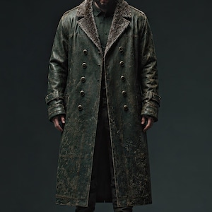 May include: A long, dark green, distressed leather trench coat featuring a wide faux fur collar, double-breasted button closure, and buckled straps at the cuffs. The coat has a textured, weathered finish and is worn over a dark shirt and pants.