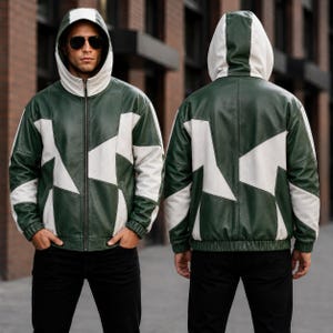 Mens Oversized Hoodie Leather Jacket Green White Patchwork Jacket Zip Up Bomber Leather Gift for Him Streetwear Genuine Leather Coat