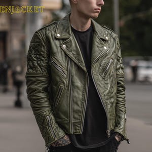 Men’s Quilted Y2K Biker Jacket, Genuine Cowhide Leather Motorcycle Jacket, Streetwear Style in Olive Green for Fall Winter