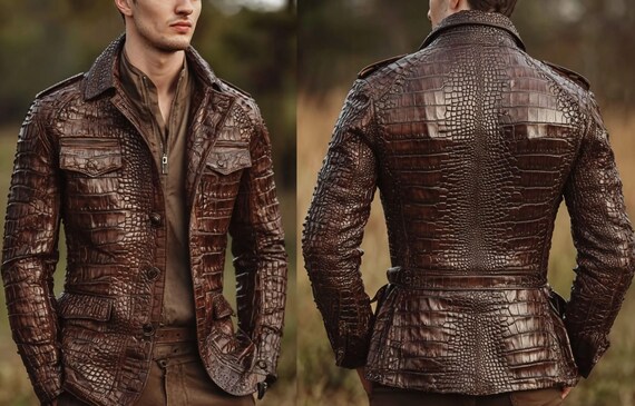 Mens Exotic Crocodile Embossed Leather Blazer Coat Brown Alligator Texture Leather Jacket Gift for Him Handmade Luxury Formal Evening Wear